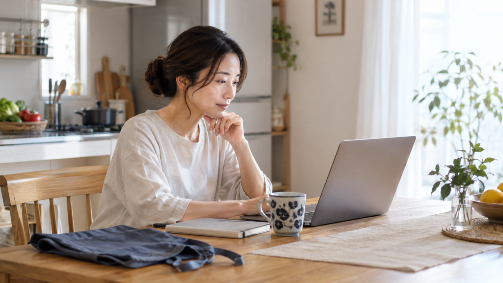 成人の料理初心者が自宅で教室の案内を確認する様子