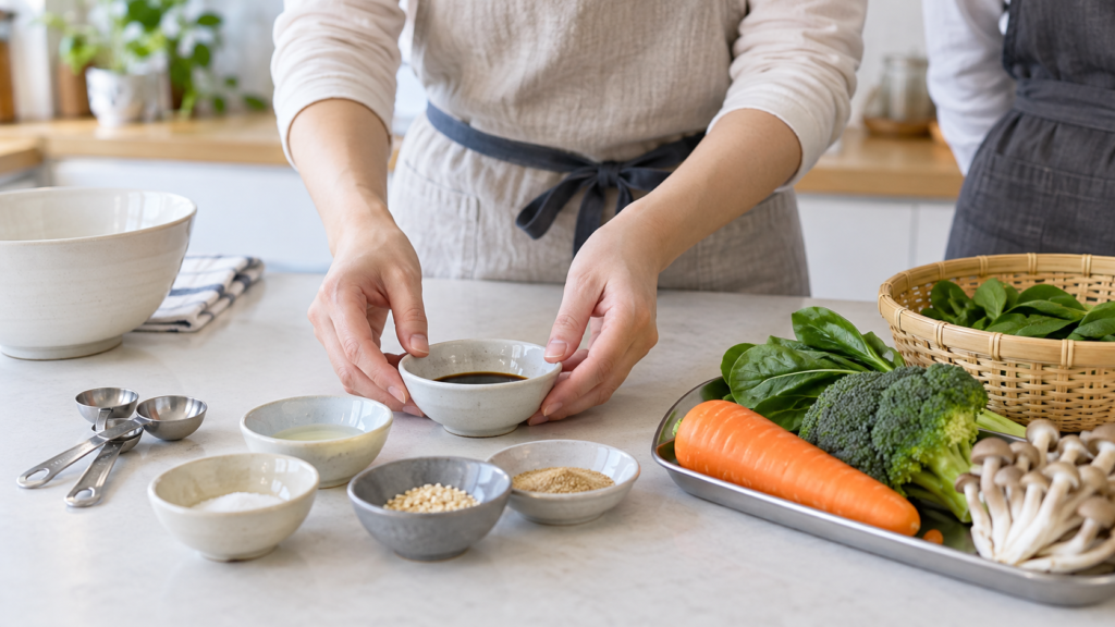 計量の練習用に用意された調味料と小さな器
