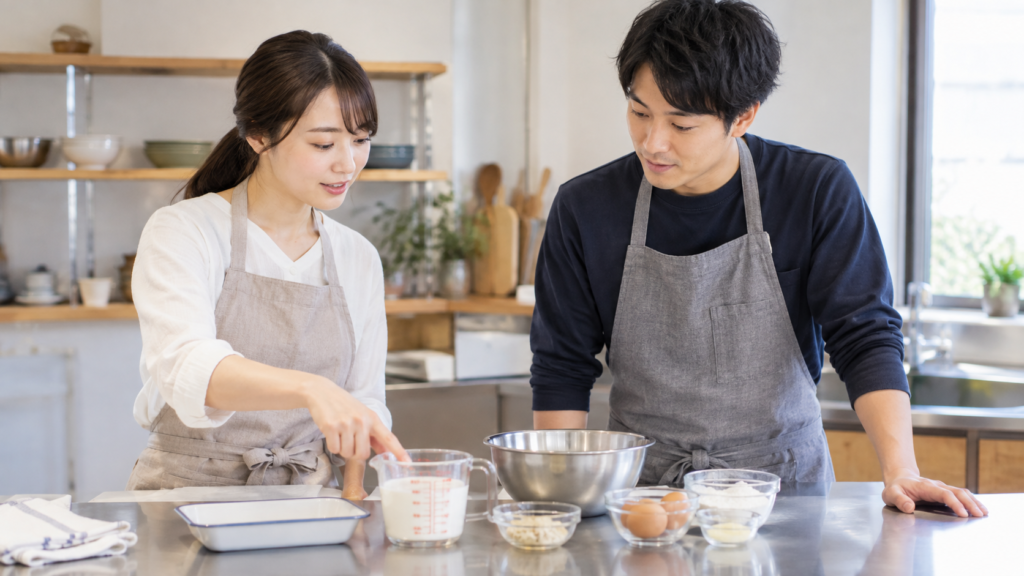 共同実習の作業台で計量の担当を相談する成人二人