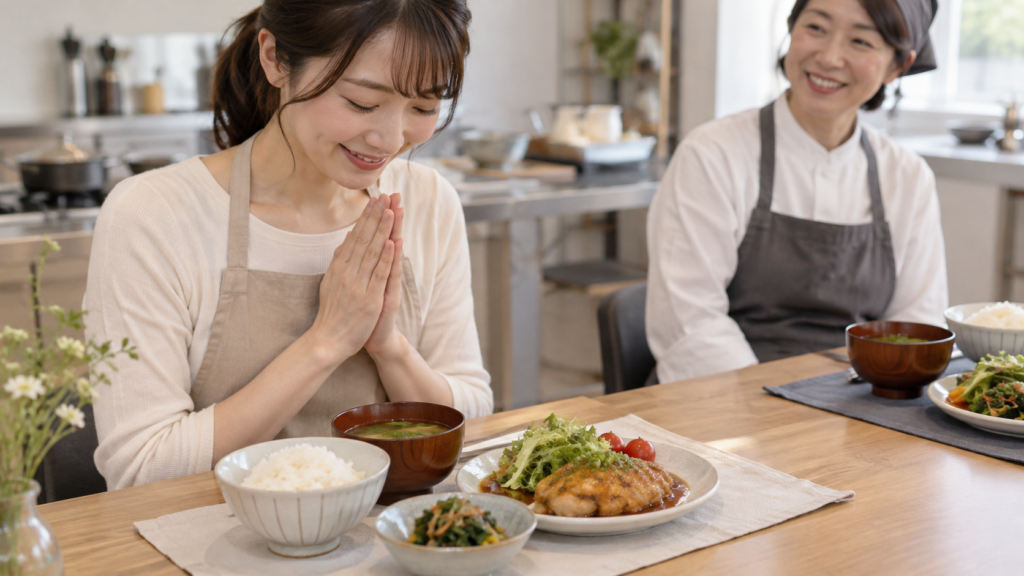 実習後に一人分ずつ盛り付けた料理を前に試食する成人二人