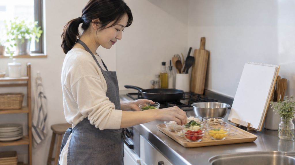 自宅で一品を復習する成人と用意した材料