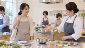 料理教室の一人参加を考える成人の初心者と実習用の作業台