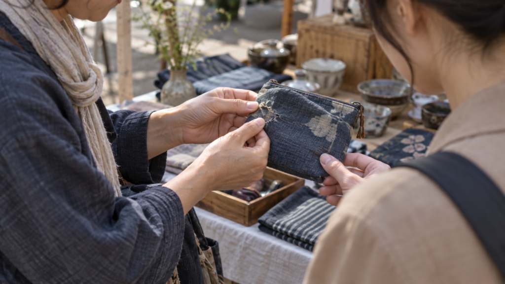 商品の小さな傷を購入検討者へ示して説明する手元