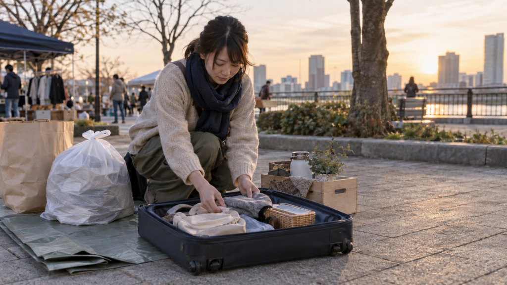 売れ残りと梱包材を箱へ戻して撤収する様子