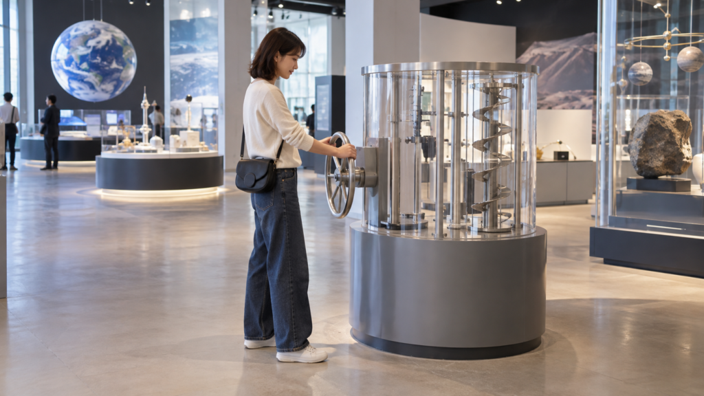 手荷物を小さくまとめて展示を操作する成人のイメージ