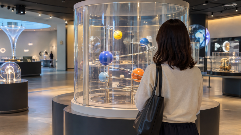 一人で科学展示の動きを観察する成人のイメージ