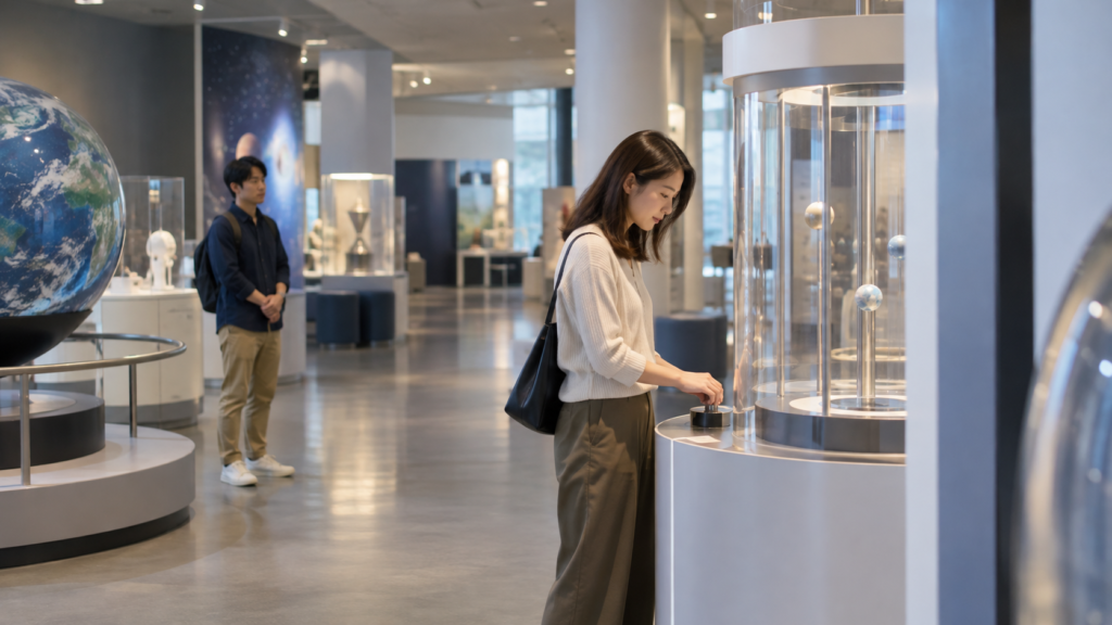 展示装置の利用者から離れて順番を待つ成人のイメージ