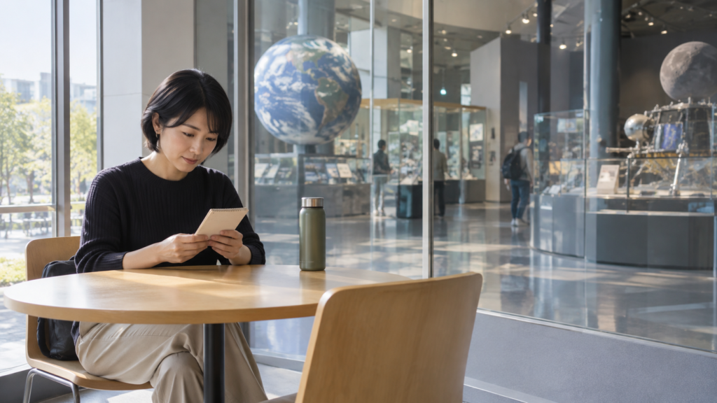 展示室と離れた休憩スペースでメモを見返す成人のイメージ