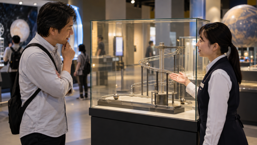 閉じた科学展示の模型について係員へ質問する成人