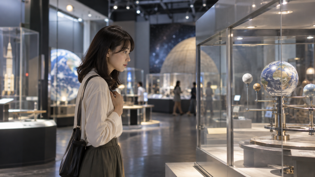 一人で科学の体験展示を観察する成人のイメージ