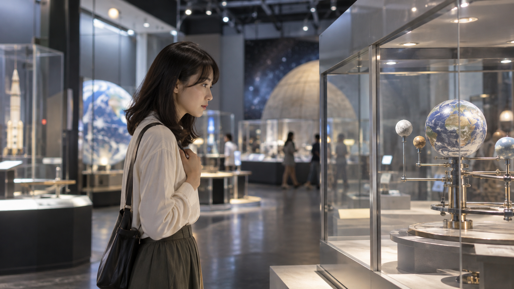 一人で科学の体験展示を観察する成人のイメージ