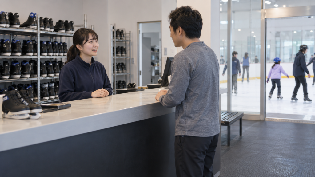 スケート場の受付で初回利用を相談する成人