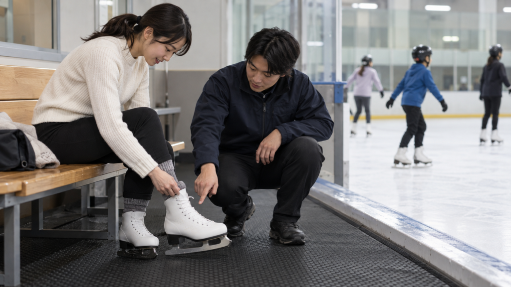 ベンチに座り貸靴の合い方をスタッフに確認する成人