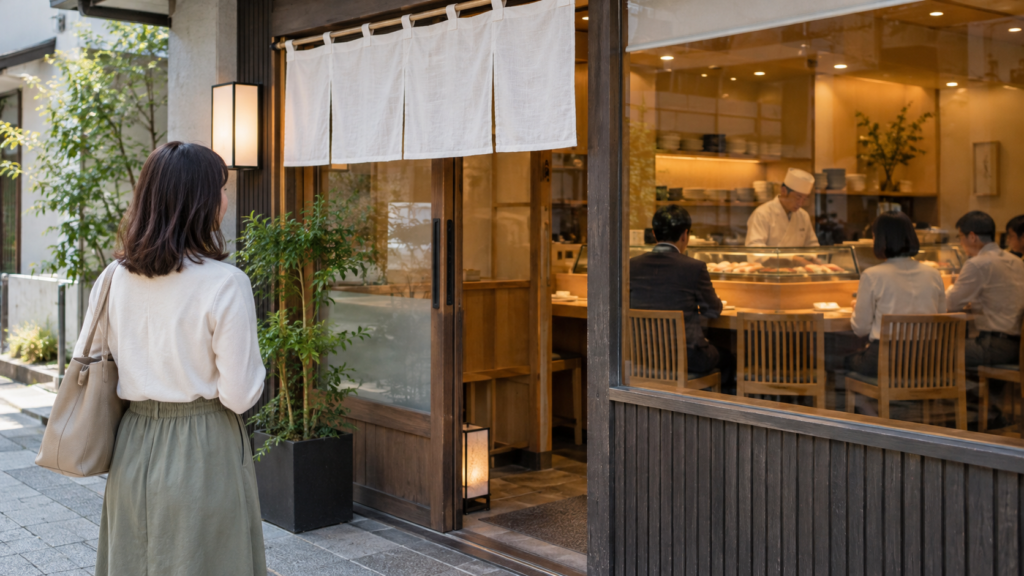 寿司店の入口で店内の席を確認する成人のイメージ