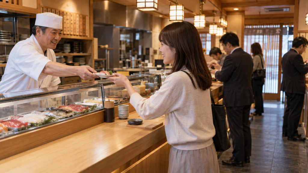 立って利用する寿司カウンターと一人客のイメージ