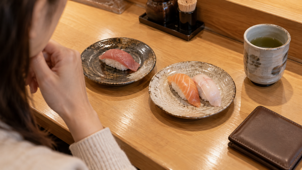 一貫と二貫の寿司皿を見比べる手元のイメージ