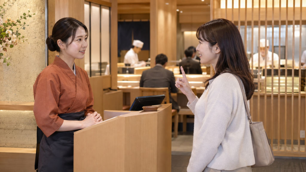 寿司店の受付で一名と伝える成人のイメージ