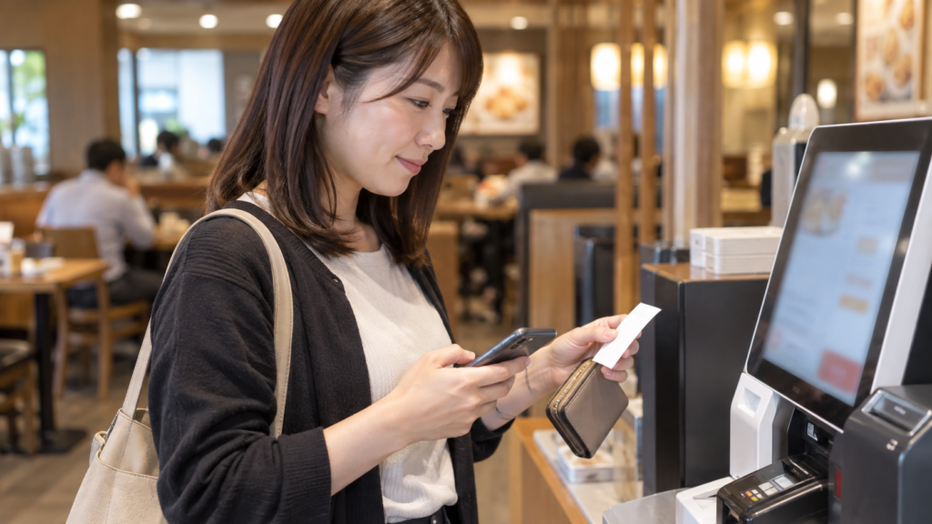 寿司店のセルフレジで支払い後のレシートを確かめる手元のイメージ