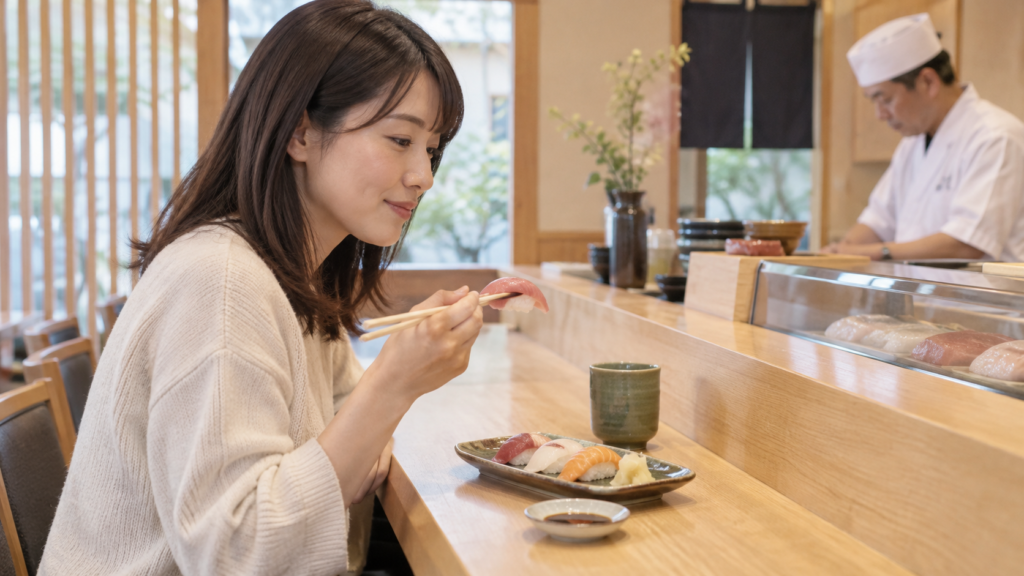 カウンター席で一人分の寿司を楽しむ成人のイメージ