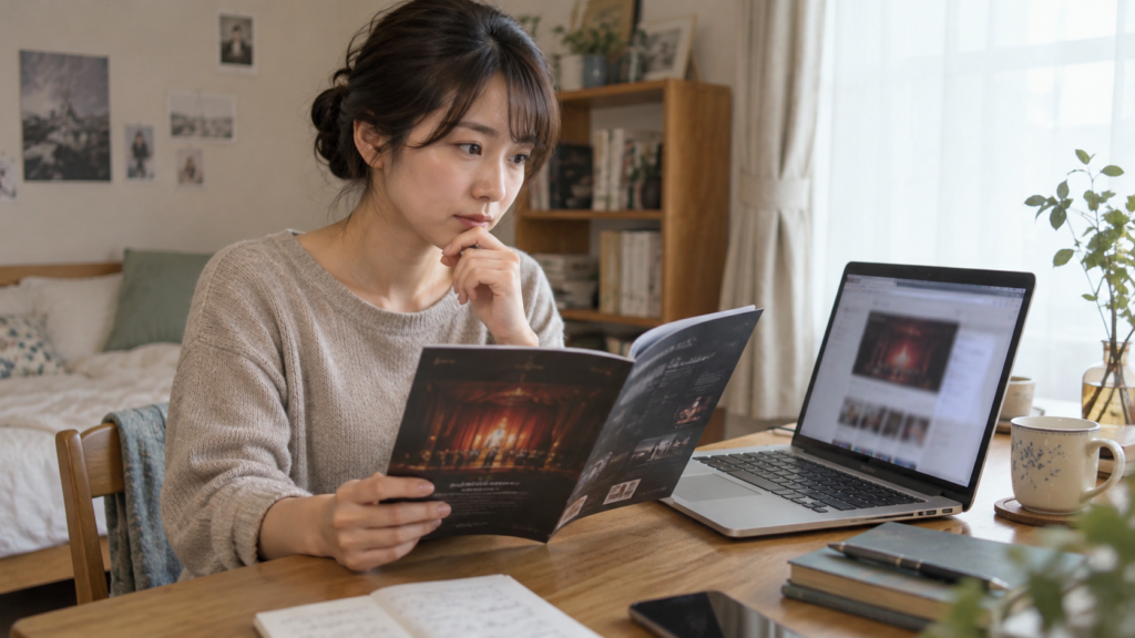 自宅で公演案内とパソコンを見比べる女性