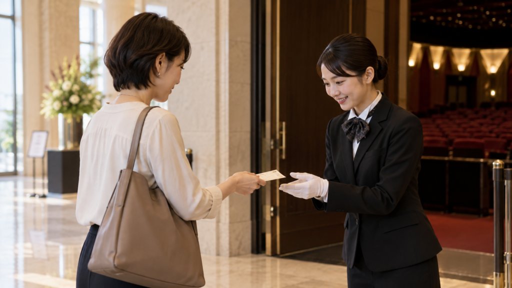 劇場の入口で係員にチケットを見せる女性