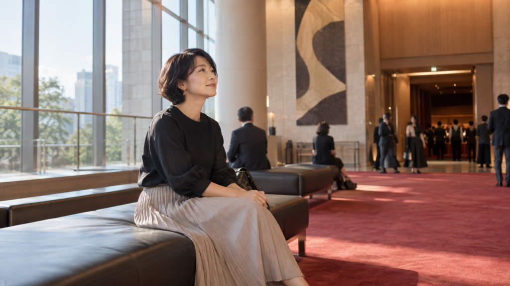 幕間に劇場ロビーのベンチで休む女性