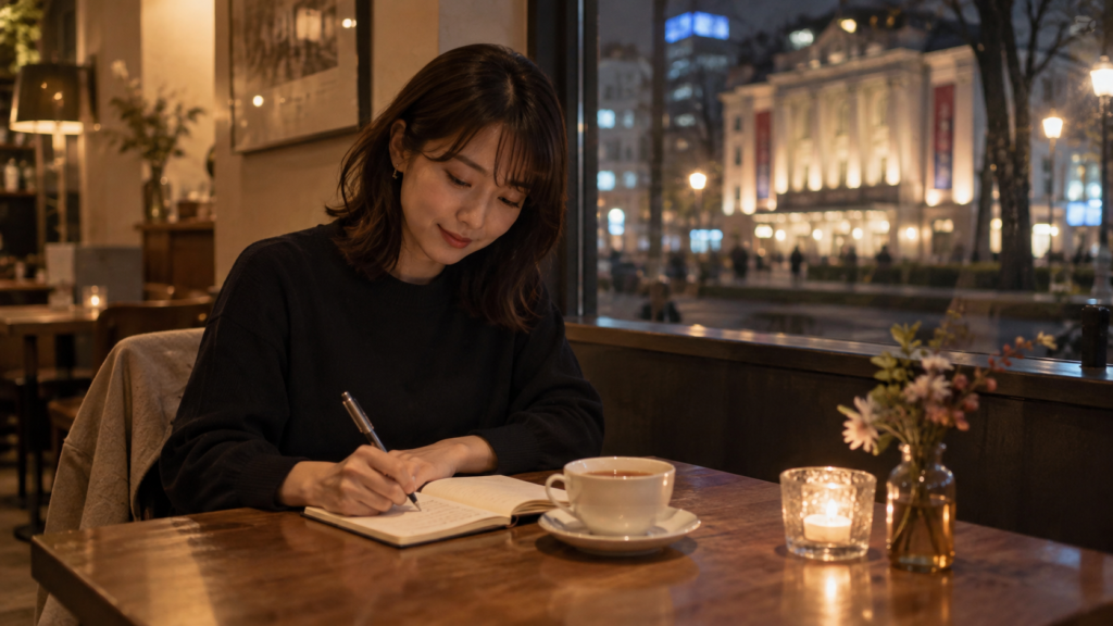 終演後にカフェで舞台の感想を書き留める女性