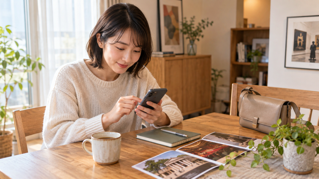 自宅の小さなテーブルでスマートフォンを見ながら外出の準備をする成人