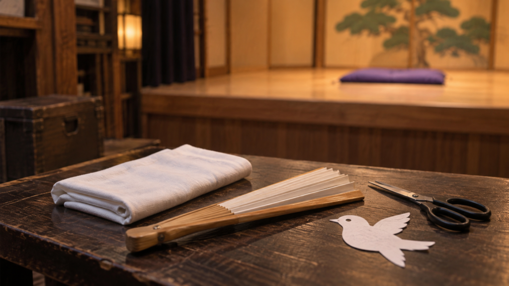 座布団のある高座に扇子や手ぬぐい、紙切りの道具が置かれたイメージ