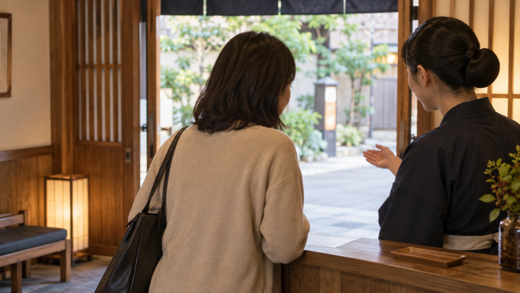 演芸場の入口で案内係に入場について尋ねる成人の後ろ姿