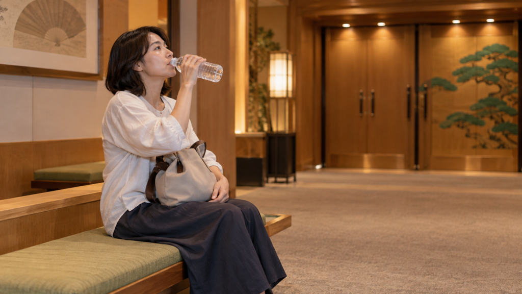 寄席の館内ロビーで水を飲んで休む成人