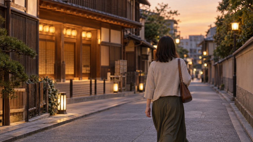 夕方の通りを寄席帰りに一人で歩く成人の後ろ姿
