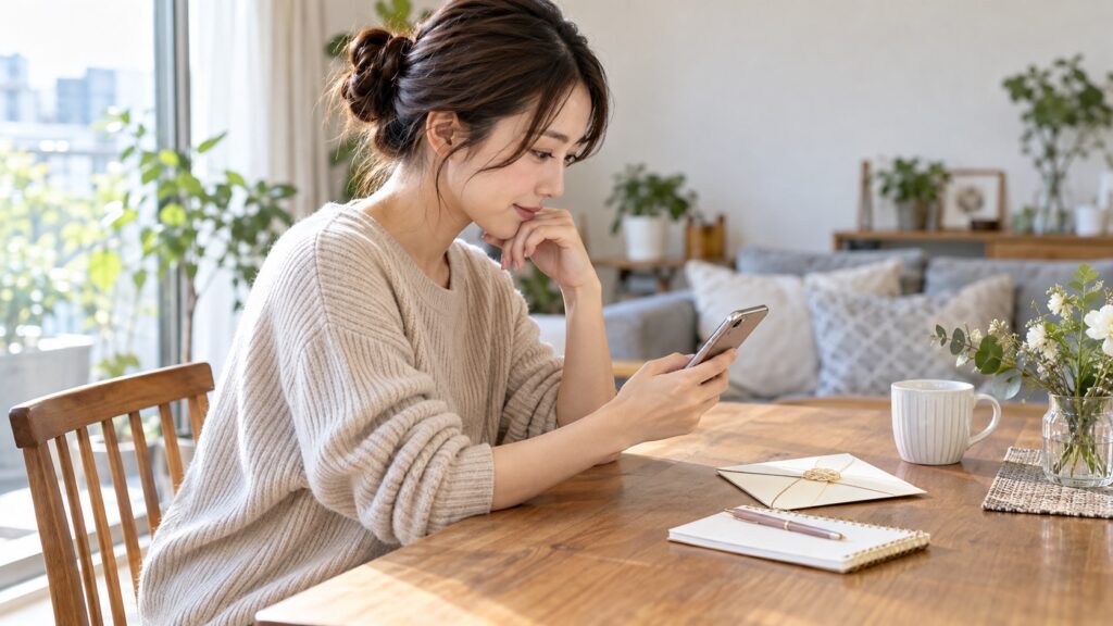 自宅で招待状とメモを前にスマートフォンを確認する女性
