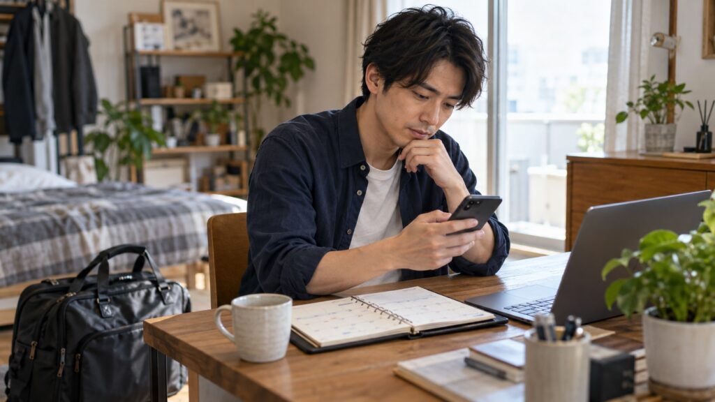 予定表と旅行バッグをそばに置いて受付の依頼への返信を考える男性