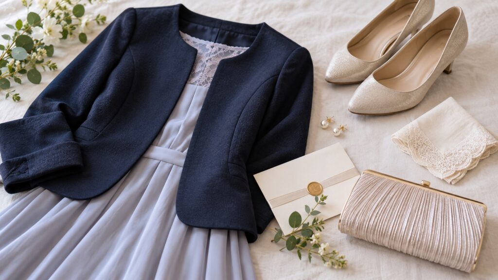 結婚式の受付に備えて並べたフォーマルな服と靴と小物