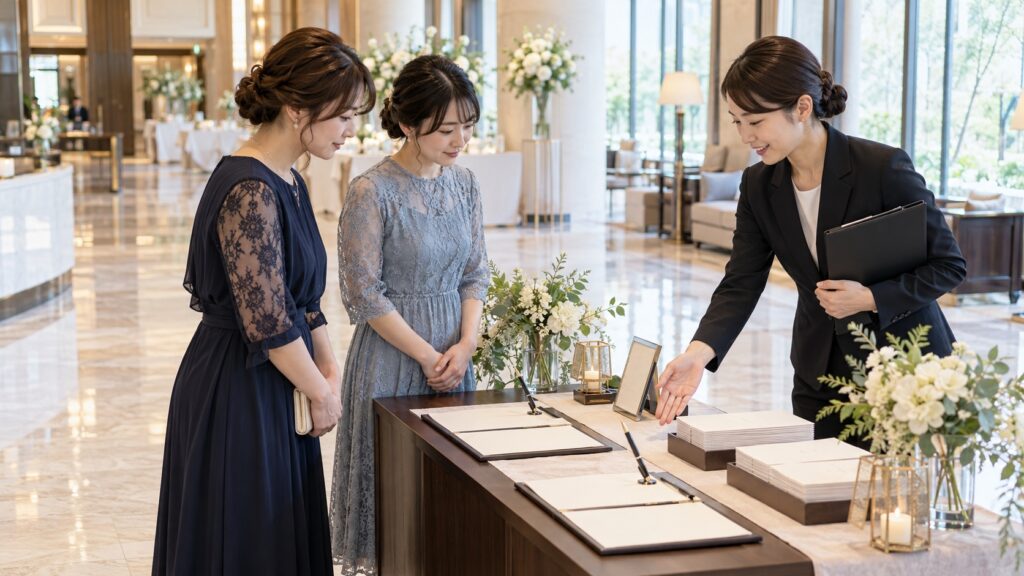 結婚式場のスタッフから受付台の使い方を聞く二人の担当者