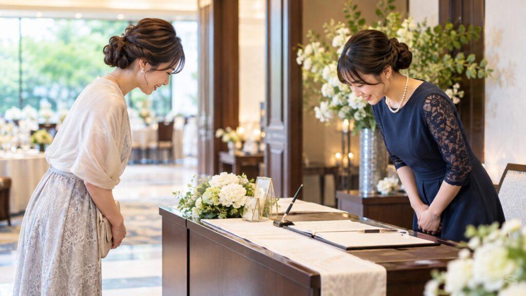 受付台を挟んでお辞儀を交わす担当者とゲスト