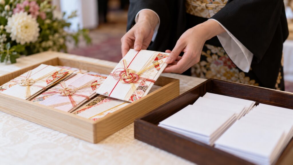 ご祝儀袋と渡す封筒を別々のトレーに分けた受付台