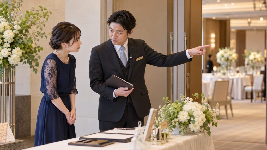 受付で分からないことを会場スタッフに確認する女性