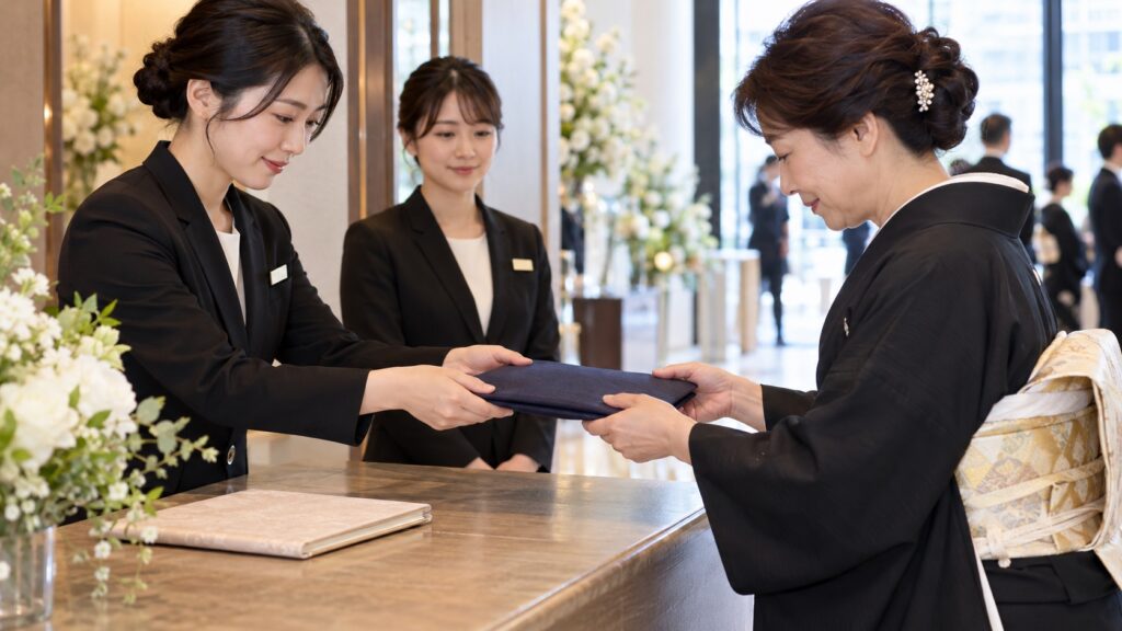 受付終了時に預かり物の包みを両手で引き継ぐ様子