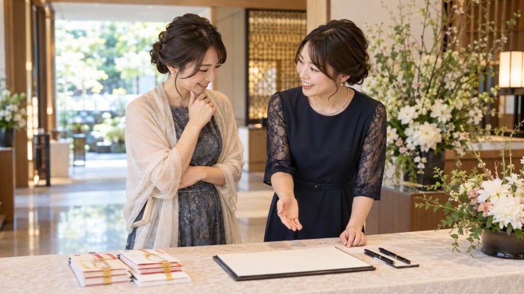 結婚式場の受付台を前に準備を確認する二人の女性