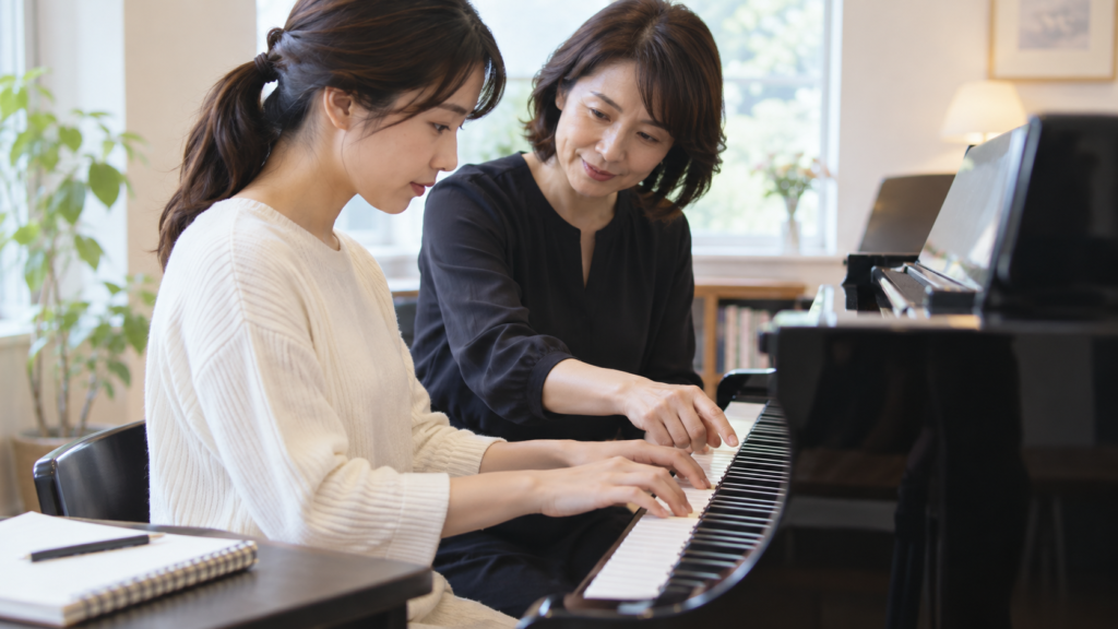 ピアノの鍵盤で講師の指導を受ける大人