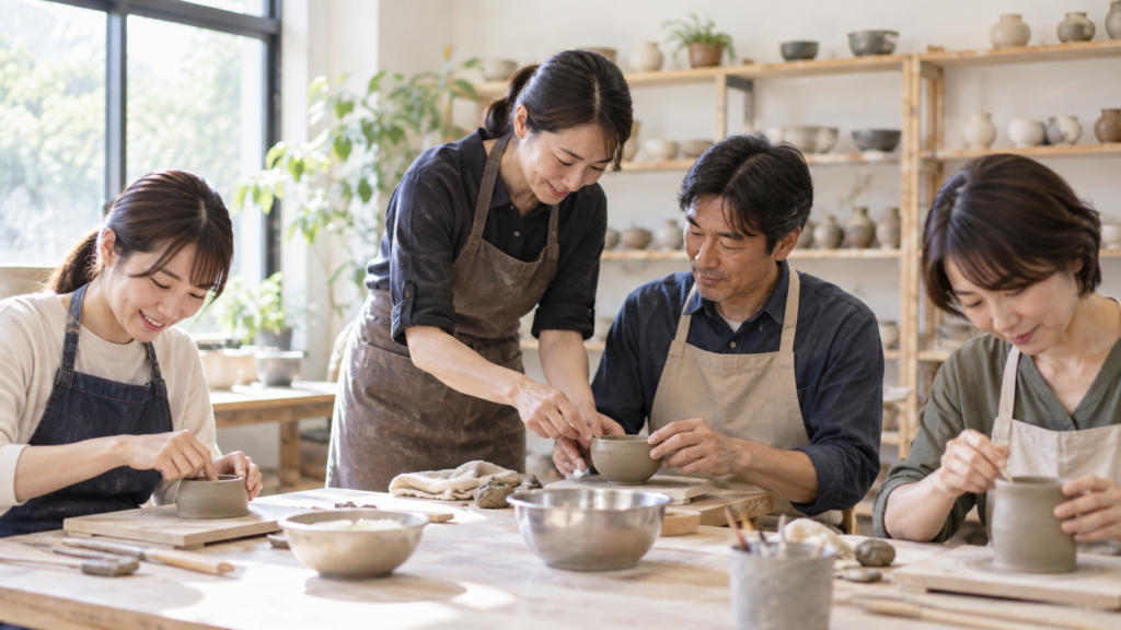 講師が受講者の手元を見て回る少人数の陶芸レッスン
