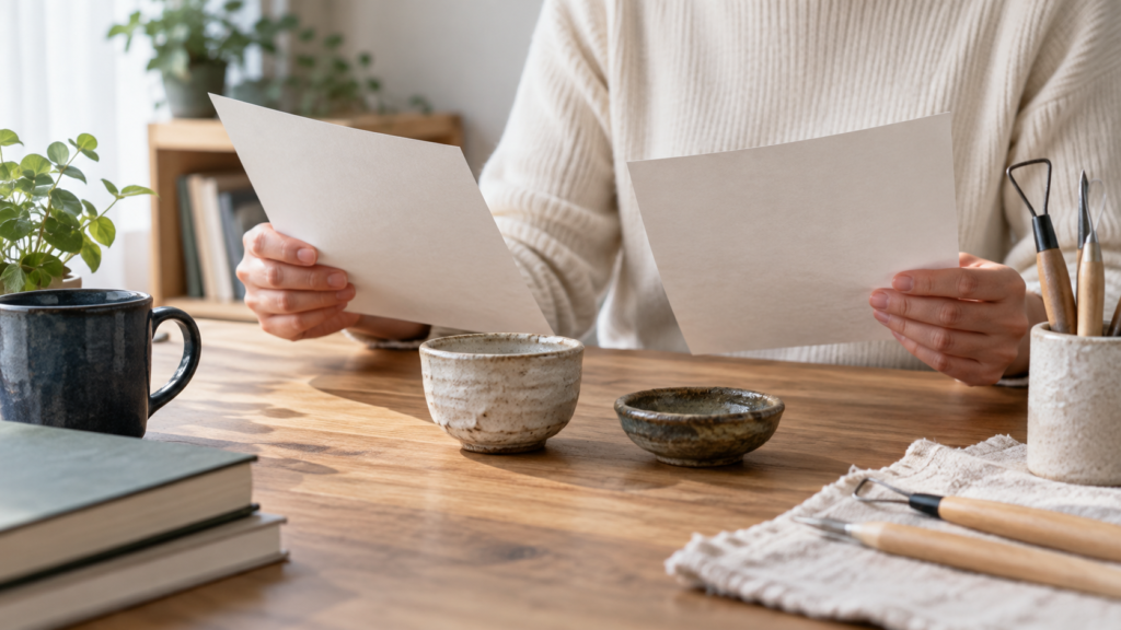 体験で作った作品と受講案内を自宅で見比べる手元