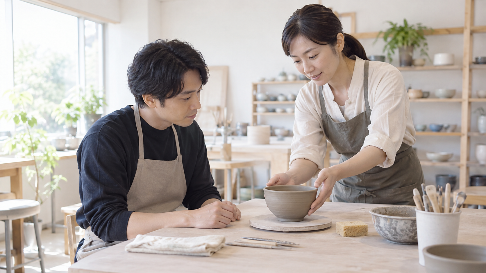 陶芸教室で講師から作品作りを学ぶ大人